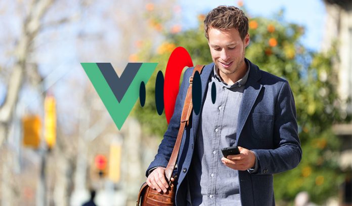 vue and sd Vue and Streamdata logo and man on mobile phone