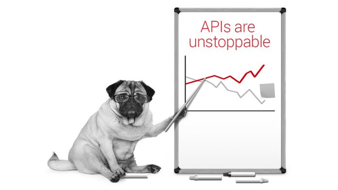serious business pug puppy dog sitting down, pointing at white board with chart, yellow notes and magnets